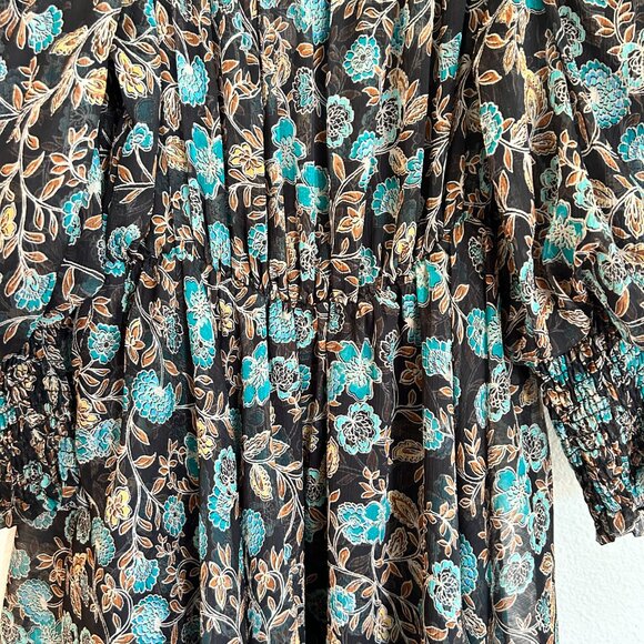Misa Los Angeles Dress XS Black Blue Floral Mini Puff Sleeve Chiffon Boho - Picture 5 of 12